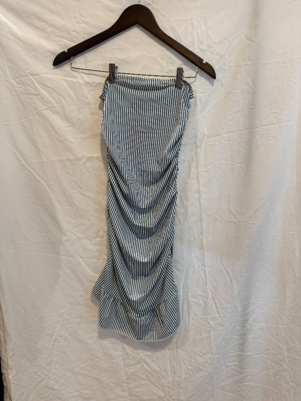 Edikted Blue & White Striped Strapless Ruched Mini Dress